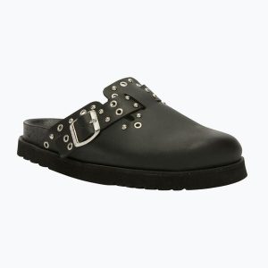 Klapki damskie Scholl Beatriz Ring Leather. Czarne klapki Scholl, bez wzorów, z materiału, bez obcasa. Za 459,99 zł.