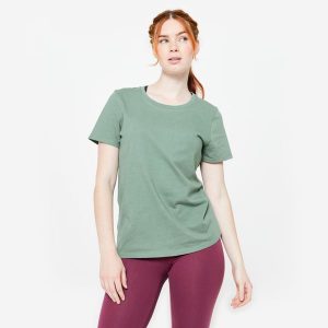 Koszulka z krótkim rękawem damska Domyos Gym & Pilates. Zielone bluzki DOMYOS, m, bez wzorów, z bawełny, sportowe, bez kołnierzyka, bez ramiączek. Za 39,99 zł.