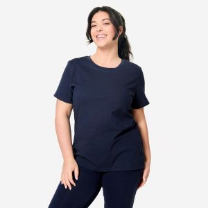 Koszulka damska Domyos Gym & Pilates. Niebieskie bluzki DOMYOS, xl, bez wzorów, z bawełny, sportowe, bez kołnierzyka, bez ramiączek. Za 39,99 zł.