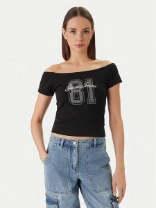 Guess Jeans T-Shirt W6GI07 J1314 Czarny Regular Fit. Czarne t-shirty Guess Jeans, xs, z aplikacjami, z bawełny, bez kołnierzyka, bez ramiączek. Za 139,99 zł.