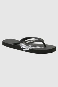EMPORIO ARMANI Czarne japonki z białym logo. Czarne klapki Emporio Armani, bez wzorów, bez obcasa. W wyprzedaży za 159,99 zł.