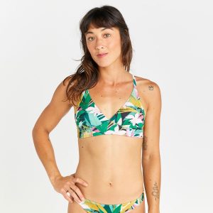 Góra kostiumu kąpielowego surfingowego damska Olaian Bea Tropical. Zielone bikini OLAIAN, bez wzorów. W wyprzedaży za 49,99 zł.