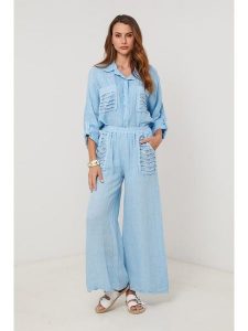 Lin Passion Lniana koszula w kolorze błękitnym rozmiar: 36/38. Niebieskie koszule Lin Passion, bez wzorów, ze lnu, bez kołnierzyka, bez ramiączek. Za 173,99 zł.