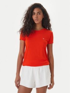 Emporio Armani T-Shirt EW000408 AF19024 U5029 Koralowy Regular Fit. Pomarańczowe t-shirty Emporio Armani, m, bez wzorów, z bawełny, bez kołnierzyka, bez ramiączek. Za 259,99 zł.