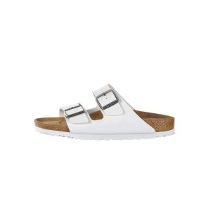 Klapki damskie Birkenstock Arizona Bf. Białe klapki Birkenstock, bez wzorów, z materiału, bez obcasa. Za 499,00 zł.
