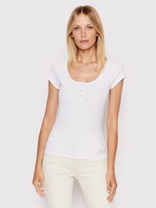 Guess Bluzka W2YP24 KBCO2 Biały Slim Fit. Białe bluzki Guess, xxl, z aplikacjami, z wiskozy, bez kołnierzyka, bez ramiączek. Za 159,99 zł.