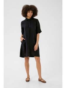 CULTURE Lniana sukienka w kolorze granatowym rozmiar: M. Niebieskie sukienki Culture, na co dzień, m, bez wzorów, ze lnu, bez kołnierzyka, bez ramiączek, midi, proste. Za 244,45 zł.