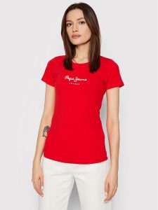Pepe Jeans T-Shirt New Virginia PL505202 Czerwony Slim Fit. Czerwone t-shirty Pepe Jeans, xs, bez wzorów, z bawełny, bez kołnierzyka, bez ramiączek. Za 79,99 zł.