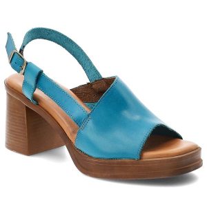 Sandały damskie Hee, cholewka ze skóry naturalnej otwarty przód zapięcie na sprzączkę odkryta pięta stabilny obcas, niebieskie, 26544. Niebieskie sandały Hee, bez wzorów, ze skóry, z otwartym noskiem, bez obcasa, na obcasie, bez zapięcia. Za 379,00 zł.