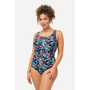 Damskie Kostium kąpielowy graficzny nadruk bez miękkich miseczek okrągły dekolt. Niebieskie stroje jednoczęściowe Ulla Popken, bez wzorów, z elastanu. Za 199,99 zł.