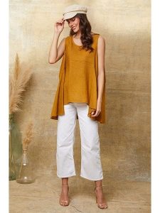 Joséfine Lniany top "Ottilie" w kolorze musztardowym rozmiar: M. Żółte topy Joséfine, m, bez wzorów, ze lnu, bez kołnierzyka, bez ramiączek. Za 130,99 zł.