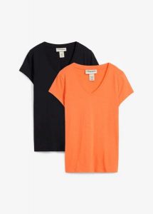 T-shirt z czystej bawełny organicznej (2 szt.). Czarne t-shirty bonprix, bez wzorów, z bawełny, bez kołnierzyka, bez ramiączek. Za 45,98 zł.