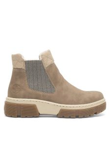 Rieker Botki X8674-64 Beżowy. Brązowe botki Rieker, bez wzorów, z materiału, bez obcasa, na płaskiej podeszwie, bez zapięcia. Za 279,00 zł.