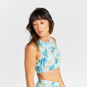 Góra kostiumu kąpielowego surfingowego damska Olaian Carla Leoplant. Niebieskie bikini OLAIAN, bez wzorów, z elastanu. W wyprzedaży za 59,99 zł.