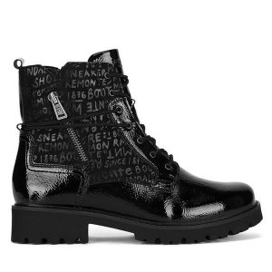 Trzewiki Remonte. Czarne botki Remonte, bez wzorów, bez obcasa, na płaskiej podeszwie, bez zapięcia. Za 359,00 zł.