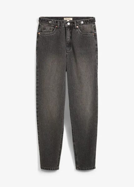 Jeansy mom, high waist, cropped. Szare jeansy bonprix, bez wzorów, z bawełny, z podwyższonym stanem, krótkie. Za 119,99 zł.