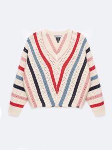 Sweter damski ażurowy w kolorowe paski kremowy Vika 102. Białe swetry klasyczne Big Star, l, z bawełny, bez kołnierzyka. Za 199,99 zł.