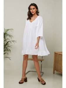 La Compagnie Du Lin Lniana sukienka "Jasmine" w kolorze białym rozmiar: S. Białe sukienki La Compagnie Du Lin, s, bez wzorów, ze lnu, bez kołnierzyka, bez ramiączek, mini. Za 187,99 zł.
