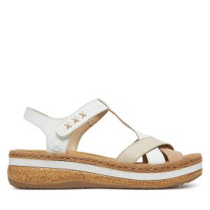 Sandały Rieker. Białe sandały Rieker, bez wzorów, bez obcasa, na koturnie, bez zapięcia. Za 239,99 zł.
