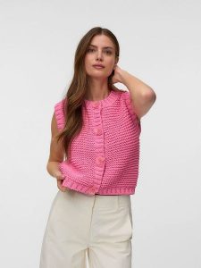 Vero Moda Kamizelka dzianinowa w kolorze różowym rozmiar: L. Różowe kamizelki Vero Moda, l, bez wzorów, z dzianiny, bez kołnierzyka, bez ramiączek, bez kaptura. Za 119,95 zł.