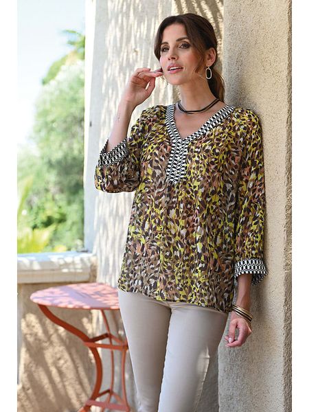 Bleu d'Azur Bluzka "Saki" w kolorze brązowo-żółtym rozmiar: 40/42. Brązowe bluzki Bleu d'Azur, w ażurowe wzory, klasyczne, bez kołnierzyka, bez ramiączek. Za 175,26 zł.