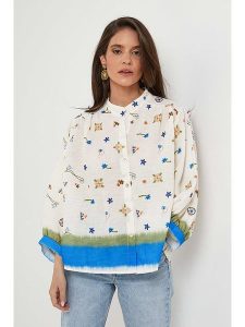 Rodier Lin Lniana bluzka w kolorze biało-niebieskim rozmiar: XL/XXL. Białe bluzki Rodier Lin, xl, bez wzorów, ze lnu, bez kołnierzyka, bez ramiączek. Za 158,47 zł.