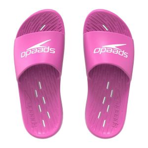 Klapki basenowe antypoślizgowe damskie Speedo Slides. Czerwone klapki Speedo, bez wzorów, bez obcasa. Za 89,99 zł.