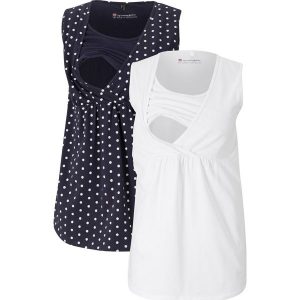 Top ciążowy i do karmienia piersią (2 szt.). Czarne topy bonprix, bez wzorów, bez kołnierzyka, bez ramiączek. Za 109,98 zł.