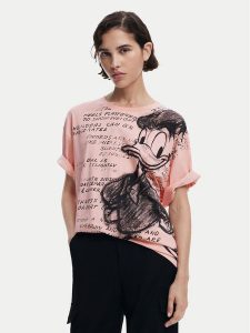 Desigual T-Shirt Donald 25SWTKAH Różowy Loose Fit. Czerwone t-shirty Desigual, s, bez wzorów, z bawełny, bez kołnierzyka, bez ramiączek. Za 159,99 zł.