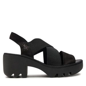 Sandały Fly London. Czarne sandały Fly London, bez wzorów, bez obcasa, na słupku, bez zapięcia. Za 499,99 zł.