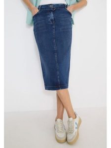 Cecil Spódnica dżinsowa w kolore granatowym rozmiar: W27. Niebieskie spódnice Cecil, na co dzień, z aplikacjami, ze skóry, klasyczne, midi. Za 136,78 zł.