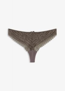 Stringi z delikatnej koronki (2 szt.). Szare stringi bonprix, bez wzorów, z koronki. Za 64,99 zł.