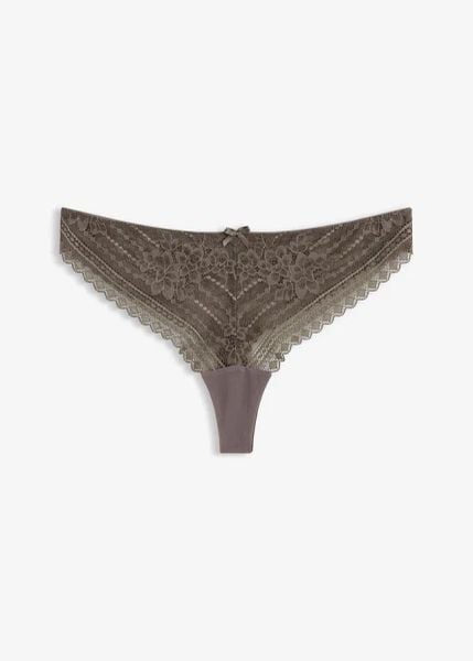Stringi z delikatnej koronki (2 szt.). Szare stringi bonprix, bez wzorów, z koronki. Za 64,99 zł.