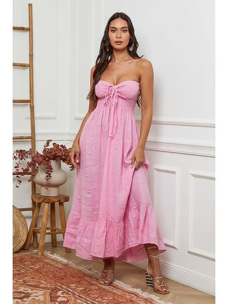 La Compagnie Du Lin Lniana sukienka w kolorze jasnoróżowym rozmiar: M. Różowe sukienki La Compagnie Du Lin, m, bez wzorów, ze lnu, bez kołnierzyka, bez ramiączek, maxi. Za 221,15 zł.