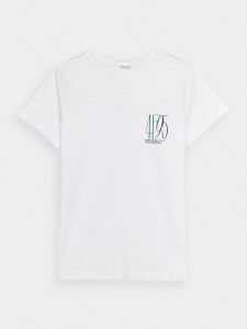 4F T-shirt slim z nadrukiem damski - biały XS. Białe t-shirty 4f, xs, bez wzorów, z bawełny, bez kołnierzyka, bez ramiączek. W wyprzedaży za 29,99 zł.