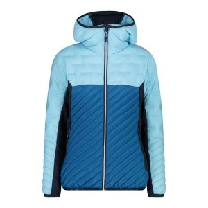 Hybrydowa kurtka damska z kapturem CMP Unlimitech. Niebieskie kurtki CMP, bez wzorów, z puchu, z kapturem. Za 598,35 zł.