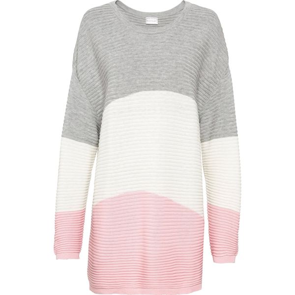 Sweter w prążek. Szare swetry klasyczne bonprix, bez kołnierzyka. Za 114,99 zł.