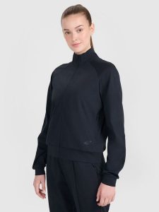 4F Bluza treningowa regular szybkoschnąca damska - czarna L. Czarne bluzy 4f, l, bez wzorów, z dzianiny, bez kaptura. W wyprzedaży za 129,99 zł.