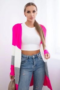 Sweter Kardigan w pasy różowy neon+ecru. Czerwone długie swetry KESI, l, z wełny, bez kołnierzyka, plus size. Za 178,78 zł.