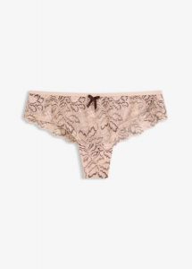 Figi brazylijskie z delikatnej koronki. Brązowe figi bonprix, bez wzorów, z koronki. Za 44,99 zł.