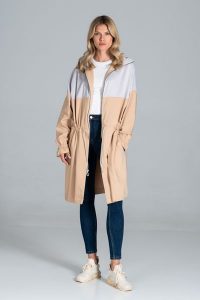 Dwukolorowy Płaszcz Typu Parka - Beżowy Szary. Brązowe płaszcze Figl, l, bez wzorów, z elastanu, bez kaptura. Za 369,00 zł.