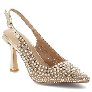 Czółenka damskie Alma En Pena, materiałowa cholewka ozdobne kryształki pasek z regulacją smukły nosek elegancki obcas złoty kolor wizytowy styl, złot. Żółte czółenka Alma en Pena, bez wzorów, z materiału, bez obcasa, na obcasie, bez zapięcia. Za 599,00 zł.