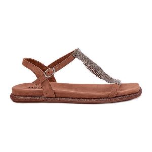 Płaskie Eleganckie Sandały Damskie Z Kryształkami Artiker 56C1365 Brązowe. Brązowe sandały bez wzorów, bez obcasa, na płaskiej podeszwie, bez zapięcia. Za 338,63 zł.