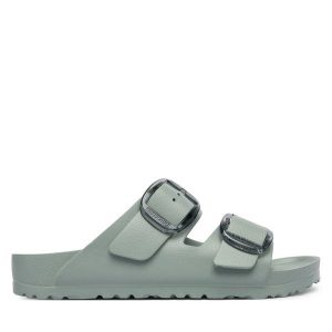 Klapki Birkenstock. Zielone klapki Birkenstock, bez wzorów, bez obcasa. Za 279,99 zł.