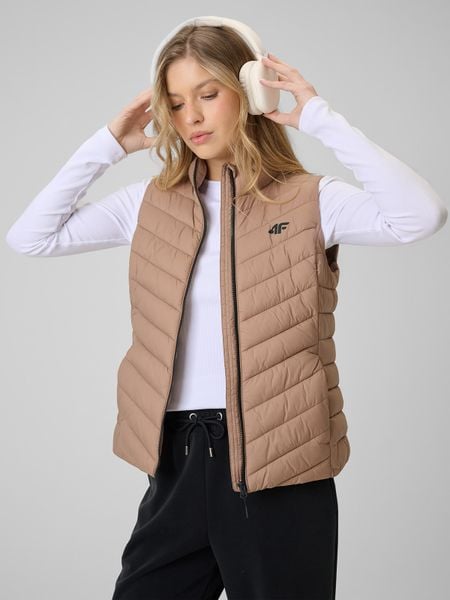 4F Bezrękawnik z wypełnieniem syntetycznym damski - beżowy S. Brązowe kamizelki 4f, s, bez wzorów, z materiału, bez kołnierzyka, bez ramiączek, bez kaptura. Za 199,99 zł.