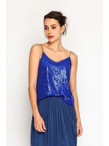 ASSUILI Top w kolorze niebieskim rozmiar: 42. Niebieskie topy Assuili, bez wzorów, klasyczne, bez kołnierzyka, bez ramiączek. Za 97,45 zł.