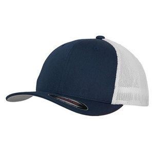 Dwukolorowa Siatkowa Czapka Z Daszkiem. Niebieskie czapki FLEXFIT, bez wzorów, sportowe. Za 72,99 zł.