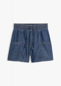 Szorty jeansowe high waist, wygodny pas. Niebieskie rajstopy i pończochy bonprix, bez wzorów, z jeansu. Za 37,99 zł.