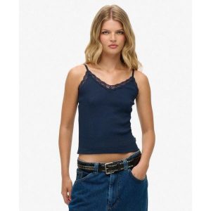 Koszulka z koronkowym wykończeniem. Niebieskie koszule nocne Superdry, bez wzorów, z koronki, bez ramiączek. Za 105,35 zł.