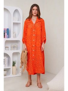 Rodier Lin Lniana sukienka w kolorze pomarańczowym rozmiar: XL/XXL. Pomarańczowe sukienki Rodier Lin, xl, bez wzorów, ze lnu, bez kołnierzyka, bez ramiączek, maxi. Za 162,49 zł.